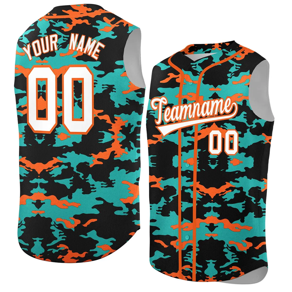 Black Aqua Orange Camo Sleeveless Baseball Jersey