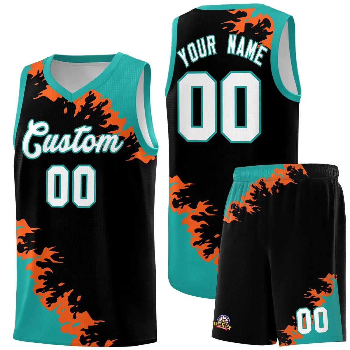 Black Aqua-Orange Sparkle Pattern Basketball Kits