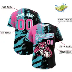 Black Aqua Pink Full-Snap Tiger Graffiti Baseball Jersey 2