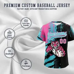 Black Aqua Pink Full-Snap Tiger Graffiti Baseball Jersey 3