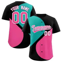 Black Aqua-Pink Half Heart Color Block Baseball Jersey