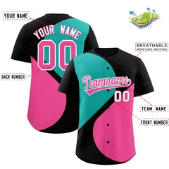 Black Aqua-Pink Half Heart Color Block Baseball Jersey 2
