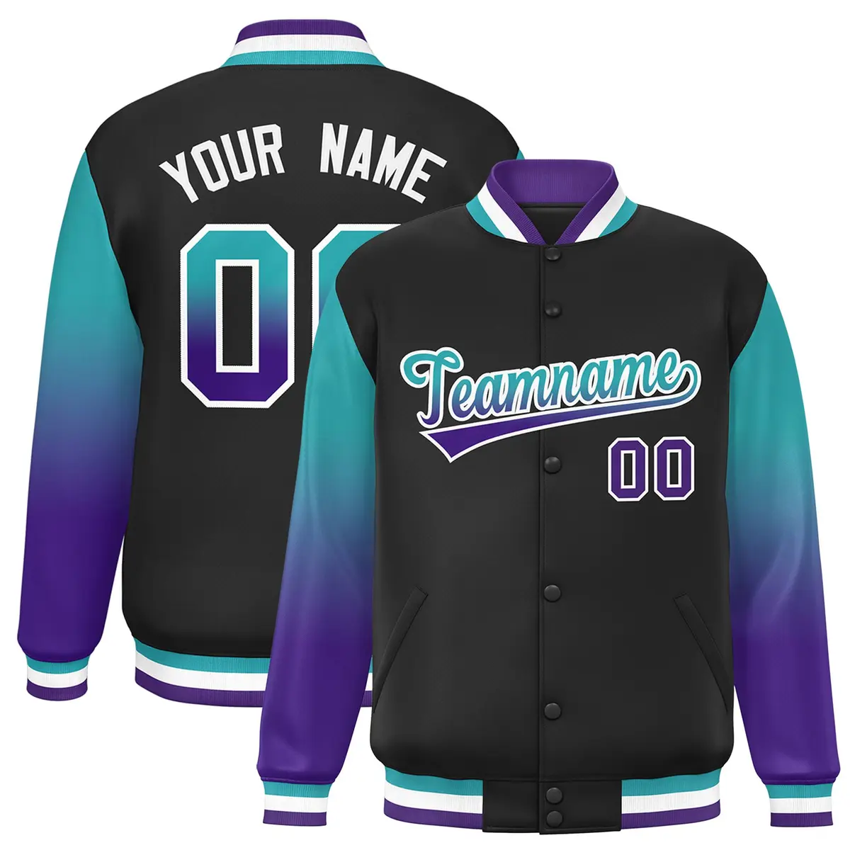 Black Aqua-Purple Gradient Raglan Sleeves Varsity Full-Snap Baseball Jacket
