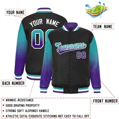 Black Aqua-Purple Gradient Raglan Sleeves Varsity Full-Snap Baseball Jacket 2