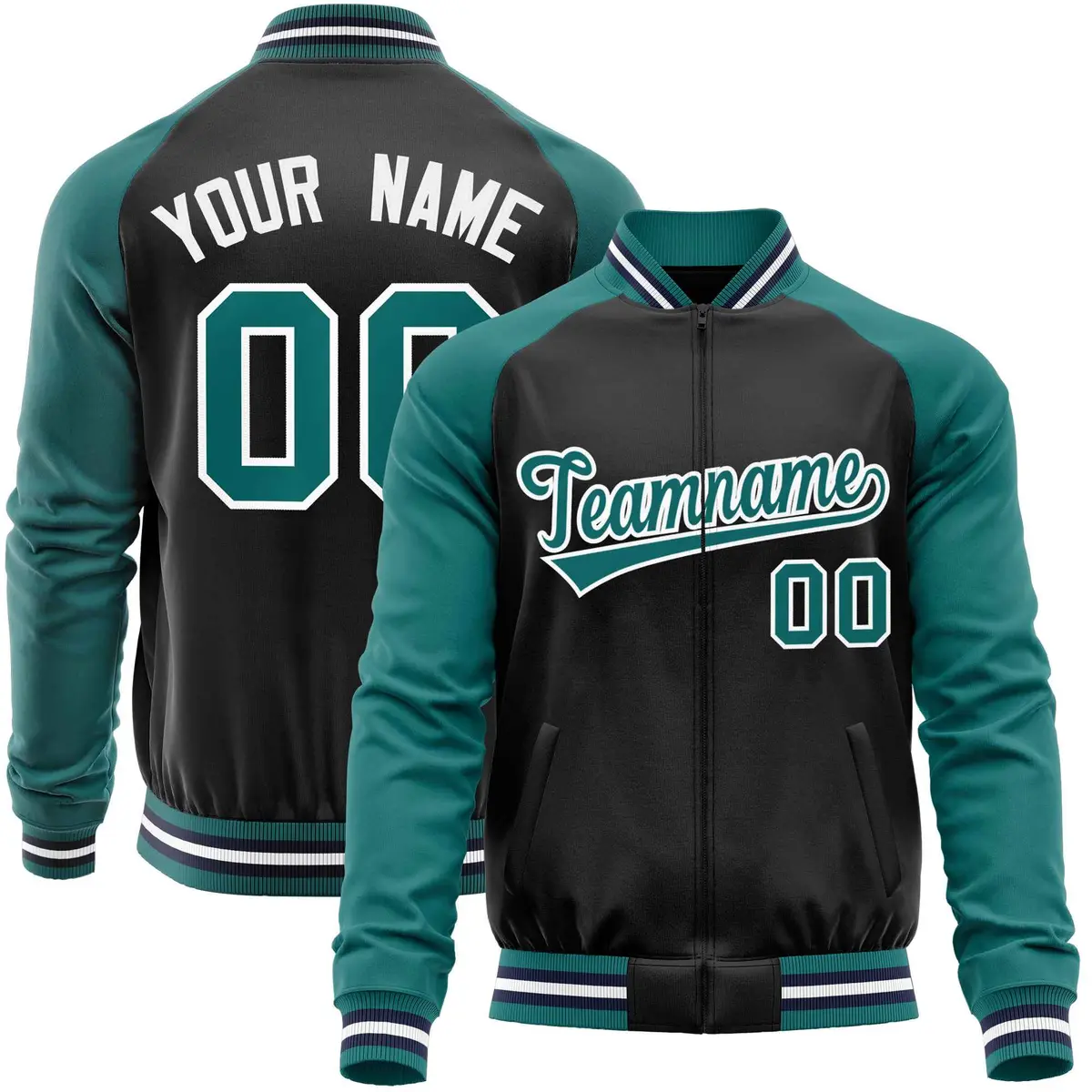 Black Aqua Raglan Sleeves Full-Zip Letterman Baseball Jacket