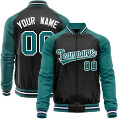 Black Aqua Raglan Sleeves Full-Zip Letterman Baseball Jacket 1