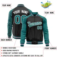Black Aqua Raglan Sleeves Full-Zip Letterman Baseball Jacket 4