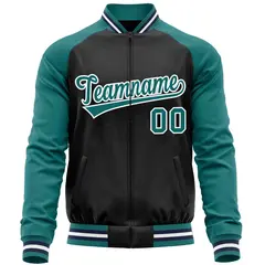 Black Aqua Raglan Sleeves Full-Zip Letterman Baseball Jacket 5