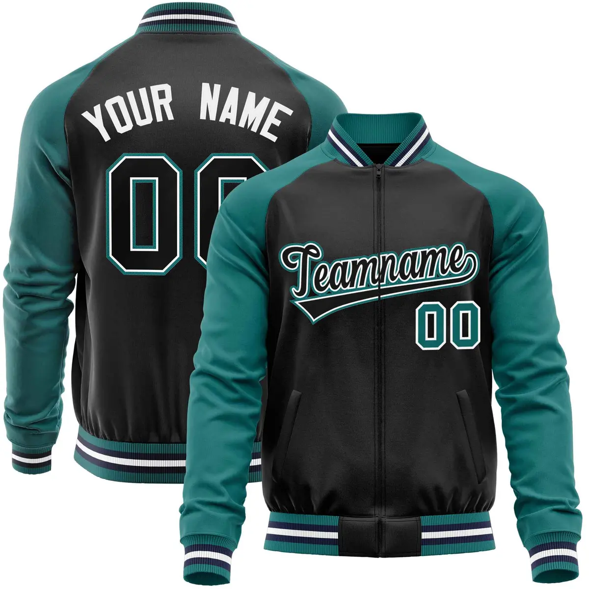Black Aqua Raglan Sleeves Full-Zip Letterman Baseball Jacket