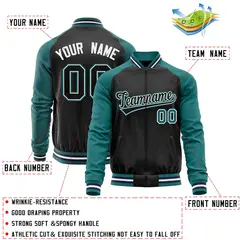 Black Aqua Raglan Sleeves Full-Zip Letterman Baseball Jacket 4