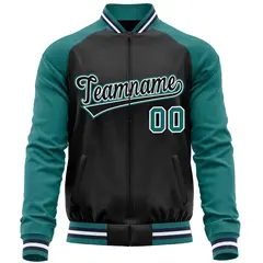 Black Aqua Raglan Sleeves Full-Zip Letterman Baseball Jacket 5