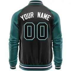 Black Aqua Raglan Sleeves Full-Zip Letterman Baseball Jacket 6