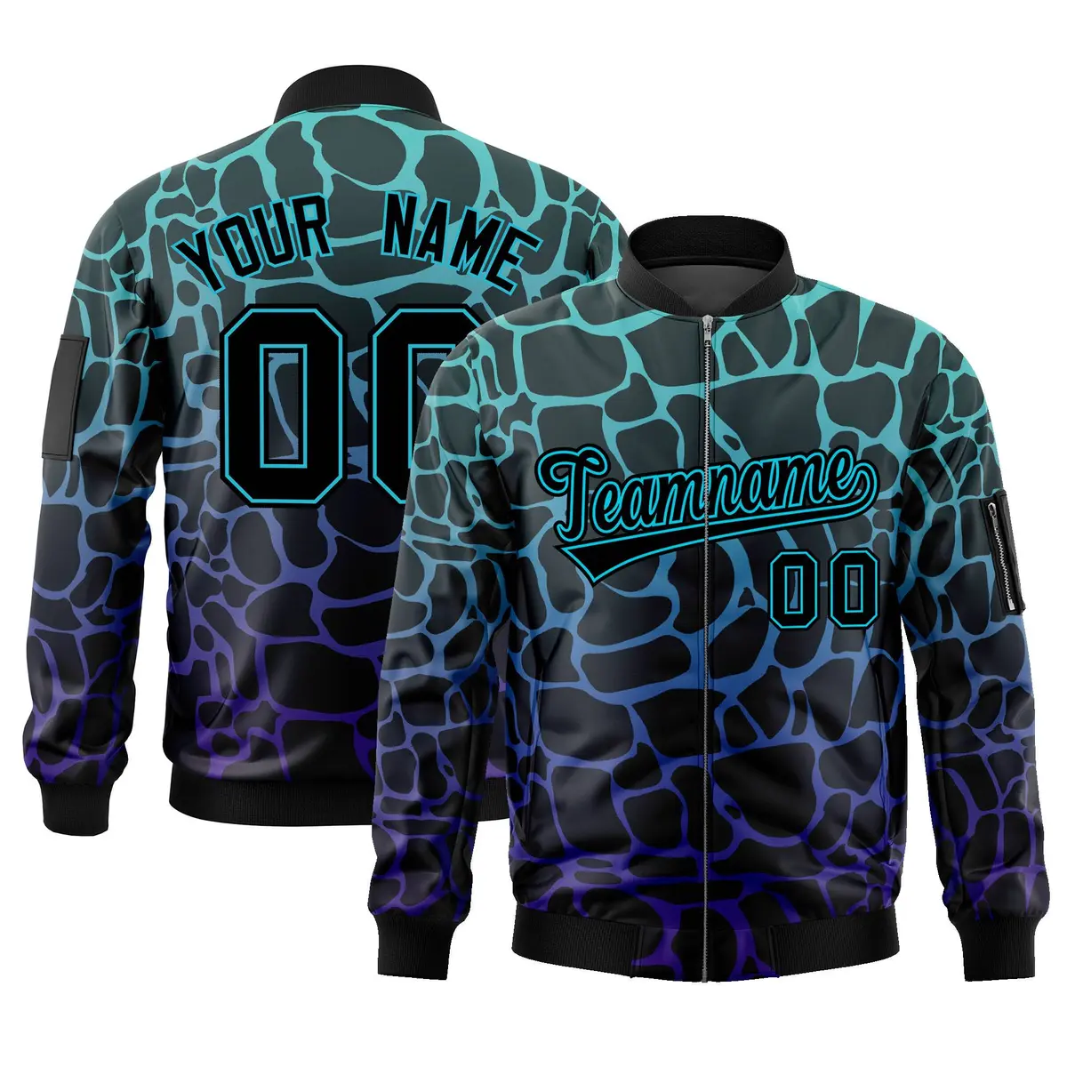 Black Aqua-Royal Spotted Full-Zip Letterman Bomber Jacket