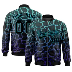 Black Aqua-Royal Spotted Full-Zip Letterman Bomber Jacket