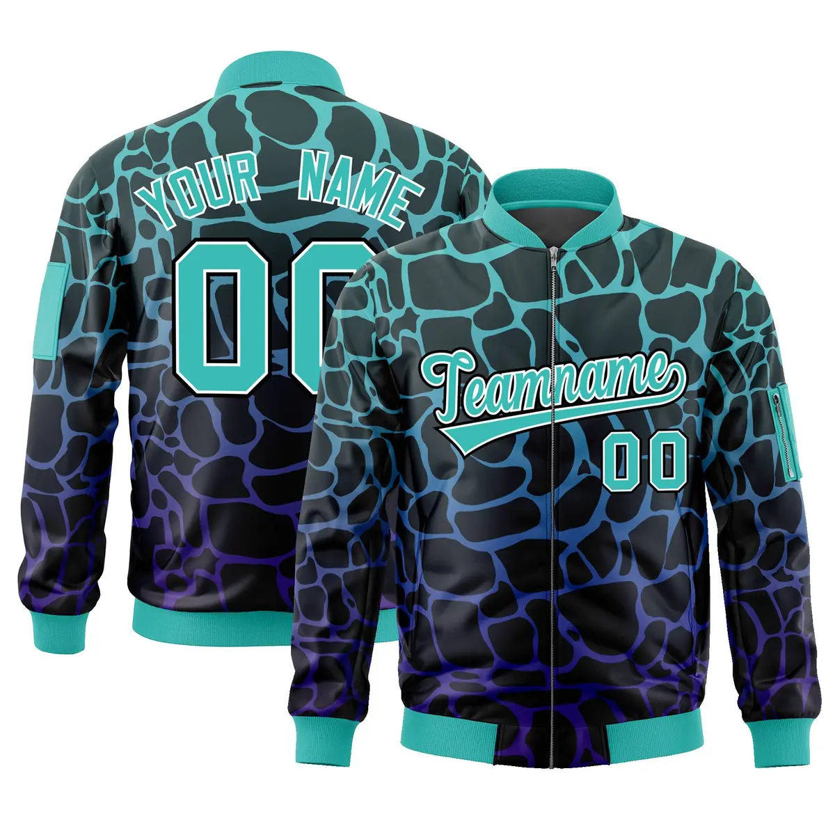 Black Aqua-Royal Spotted Full-Zip Letterman Bomber Jacket