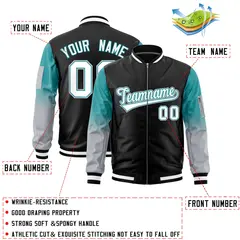 Black Aqua-Silver Gradient Raglan Varsity Full-Zip Letterman Bomber Jacket 2