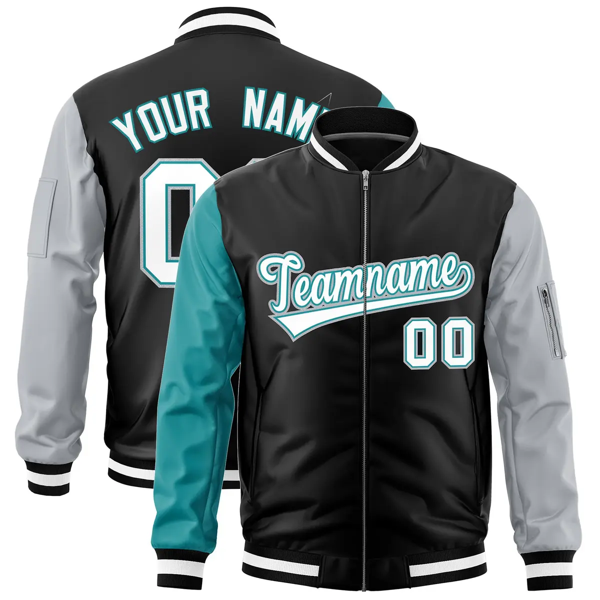 Black Aqua Silver Varsity Letterman Bomber Jacket Full-Zip Raglan