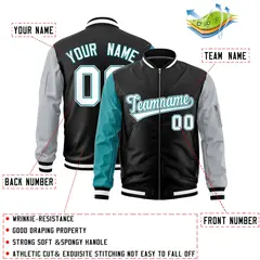 Black Aqua Silver Varsity Letterman Bomber Jacket Full-Zip Raglan 2
