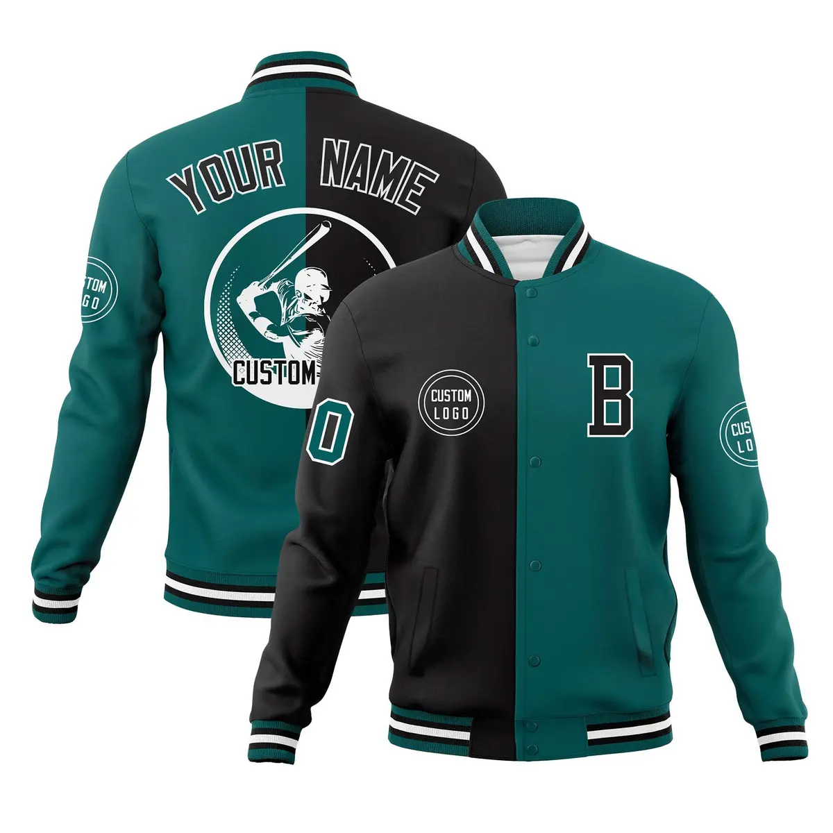 Black Aqua Split Letterman Full-Snap Varsity Baseball Jacket