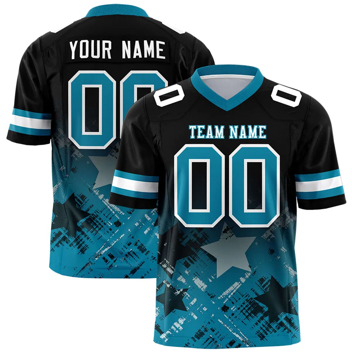 Black Aqua Star Gradient Flag Football Jersey