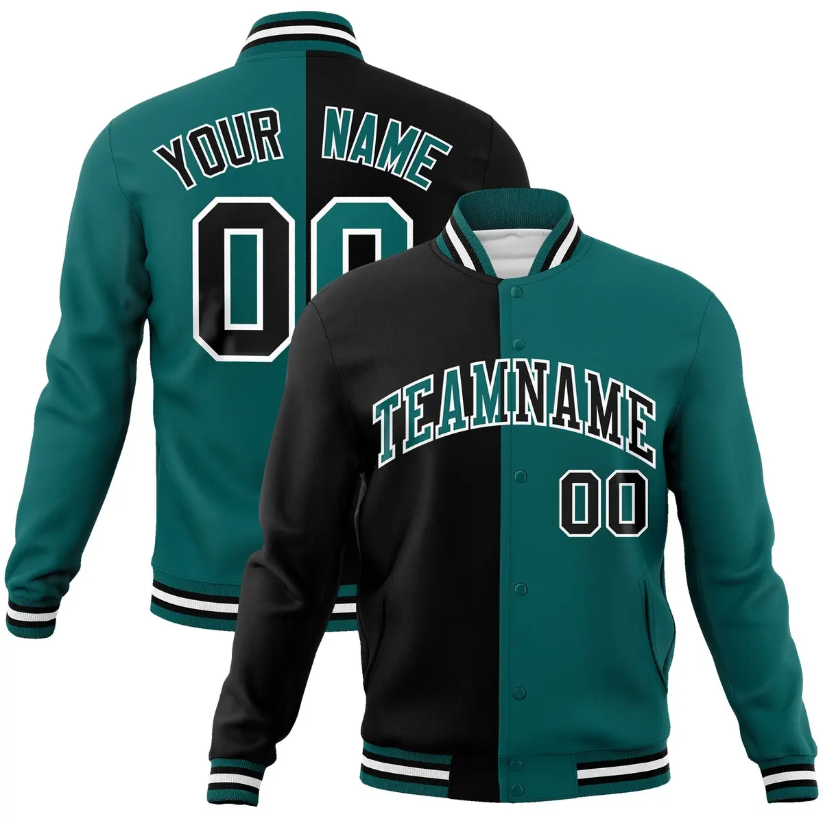 Black Aqua Two Tone Split Varsity Full-Snap Letterman Jacket