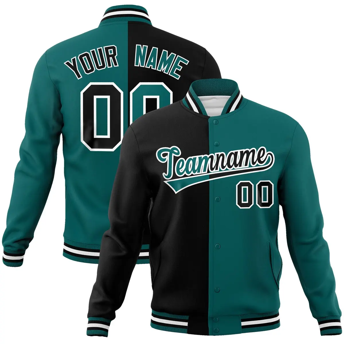 Black Aqua Two Tone Split Varsity Full-Snap Letterman Jacket