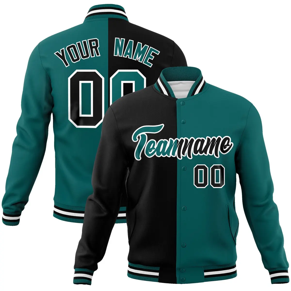 Black Aqua Two Tone Split Varsity Full-Snap Letterman Jacket