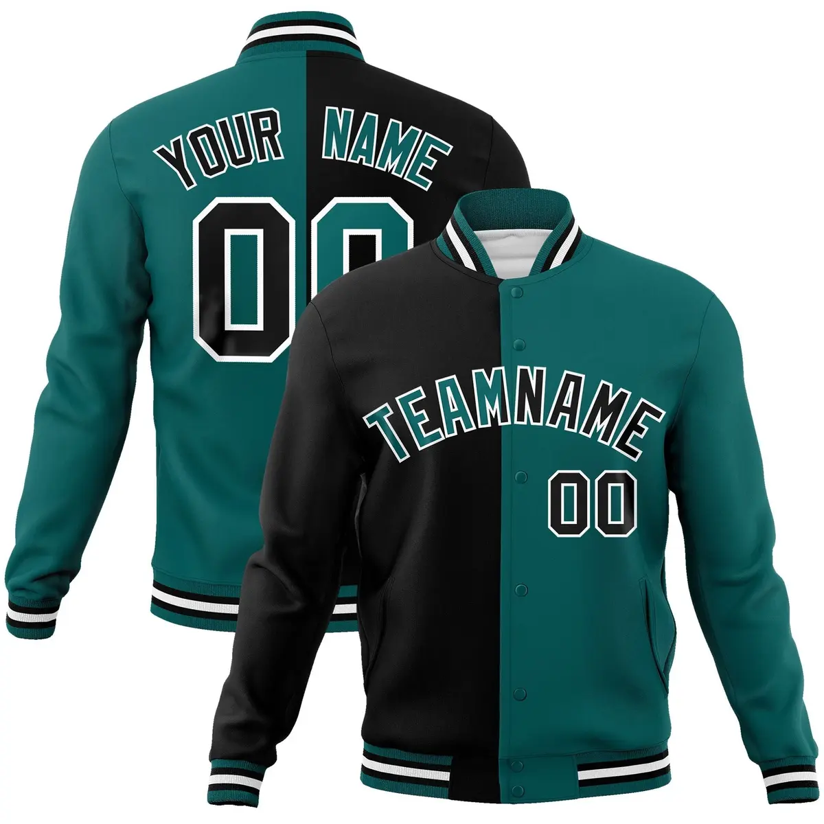 Black Aqua Two Tone Split Varsity Full-Snap Letterman Jacket