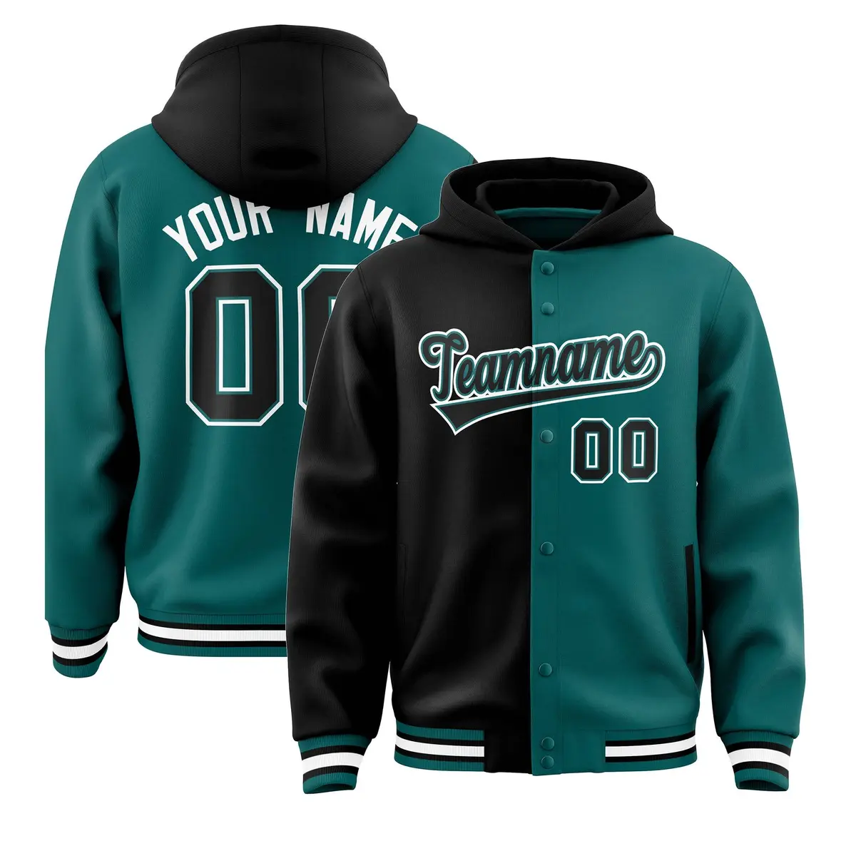 Black Aqua Two Tone Split Varsity Letterman Hoodie Jacket