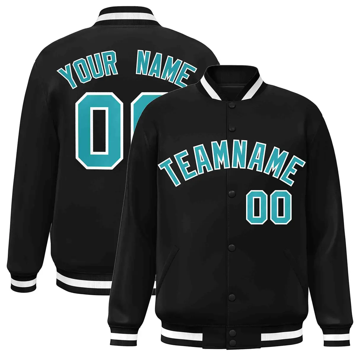 Black Aqua-White Classic Varsity Full-Snap Letterman Jacket