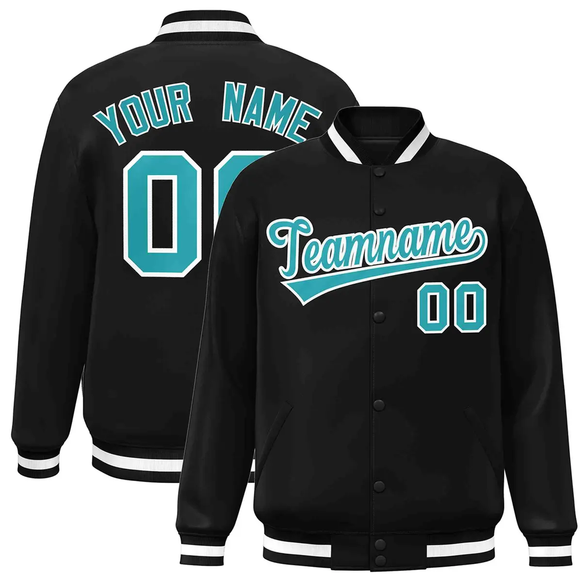 Black Aqua-White Classic Varsity Full-Snap Letterman Jacket