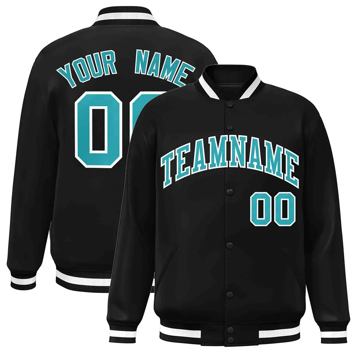 Black Aqua-White Classic Varsity Full-Snap Letterman Jacket