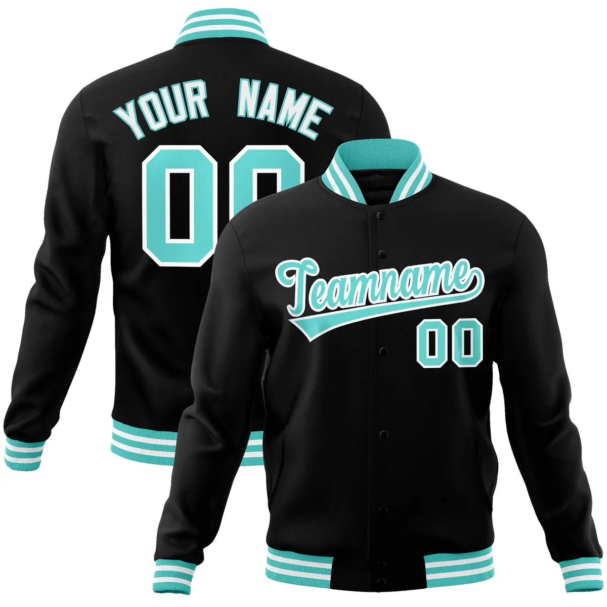 Black Aqua-White Classic Varsity Full-Snap Letterman Jacket
