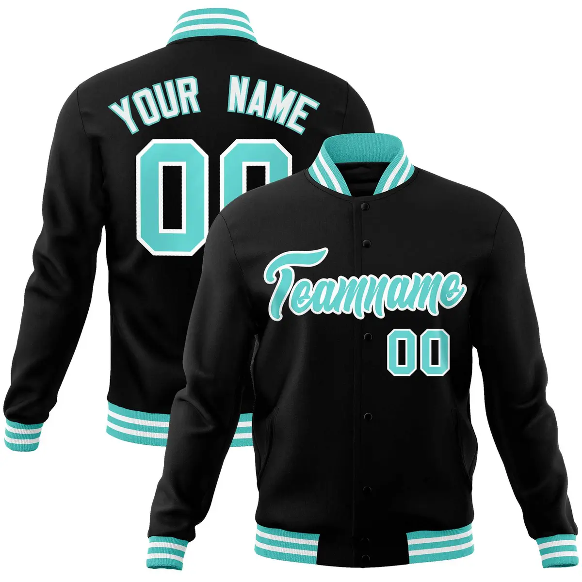 Black Aqua-White Classic Varsity Full-Snap Letterman Jacket