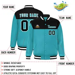 Black Aqua-White Color Block Full-Snap Varsity Letterman Jacket 2