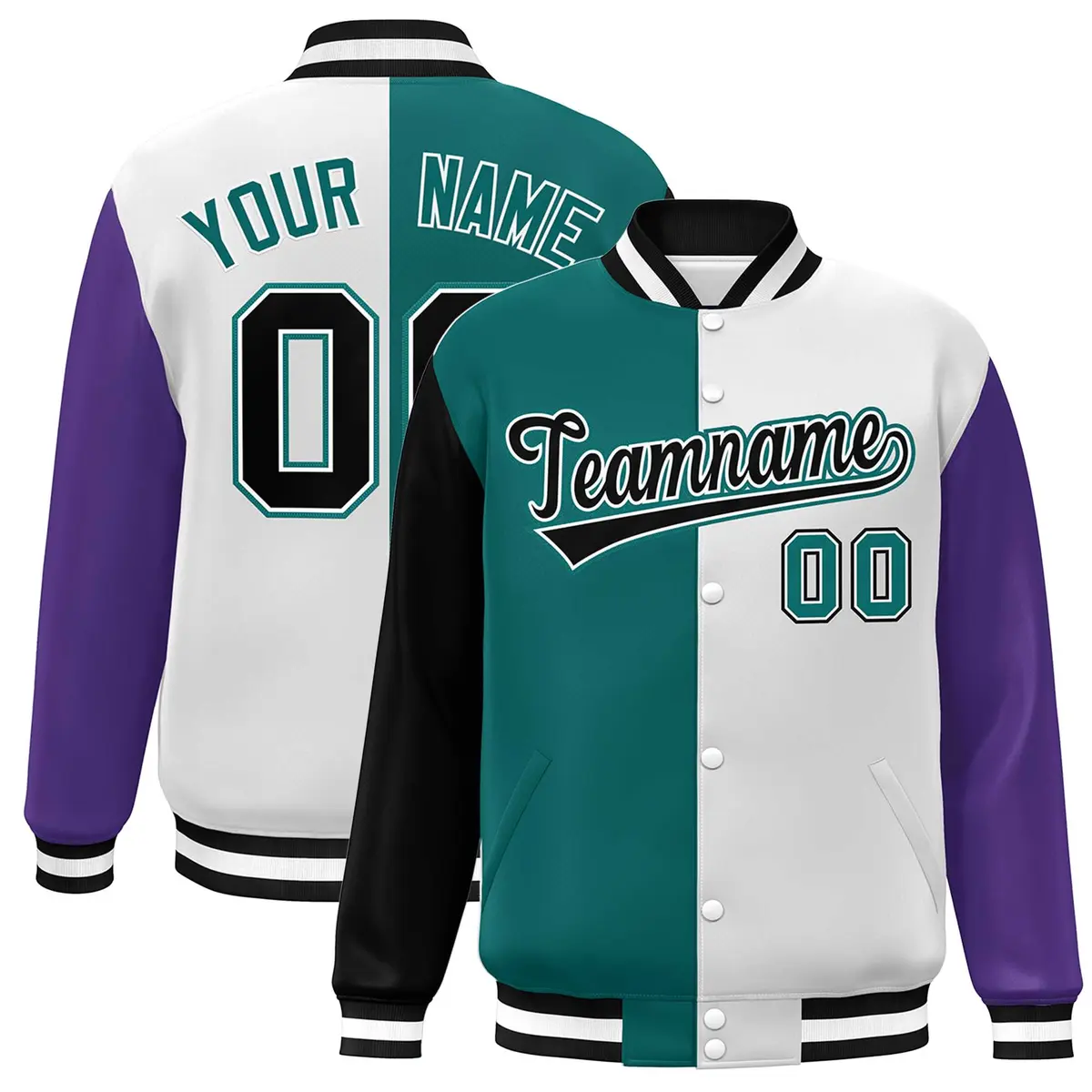 Black Aqua White-Purple Color Block Varsity Bomber Jacket
