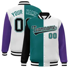 Black Aqua White-Purple Color Block Varsity Bomber Jacket