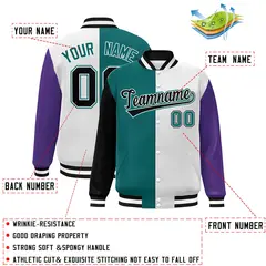Black Aqua White-Purple Color Block Varsity Bomber Jacket 2