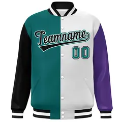 Black Aqua White-Purple Color Block Varsity Bomber Jacket 3