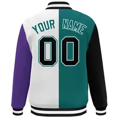 Black Aqua White-Purple Color Block Varsity Bomber Jacket 4