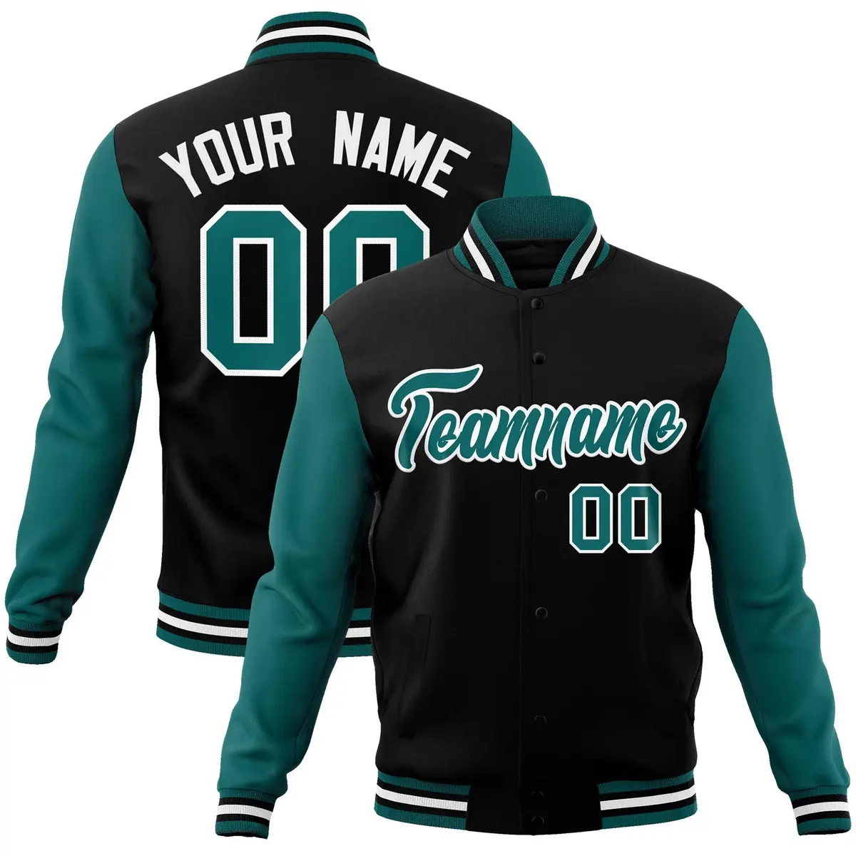 Black Aqua-White Raglan Full-Snap Varsity Letterman Jacket