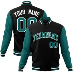 Black Aqua-White Raglan Full-Snap Varsity Letterman Jacket