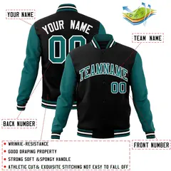 Black Aqua-White Raglan Full-Snap Varsity Letterman Jacket 4