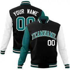 Black Aqua-White Raglan Full-Snap Varsity Letterman Jacket