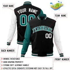 Black Aqua-White Raglan Full-Snap Varsity Letterman Jacket 4