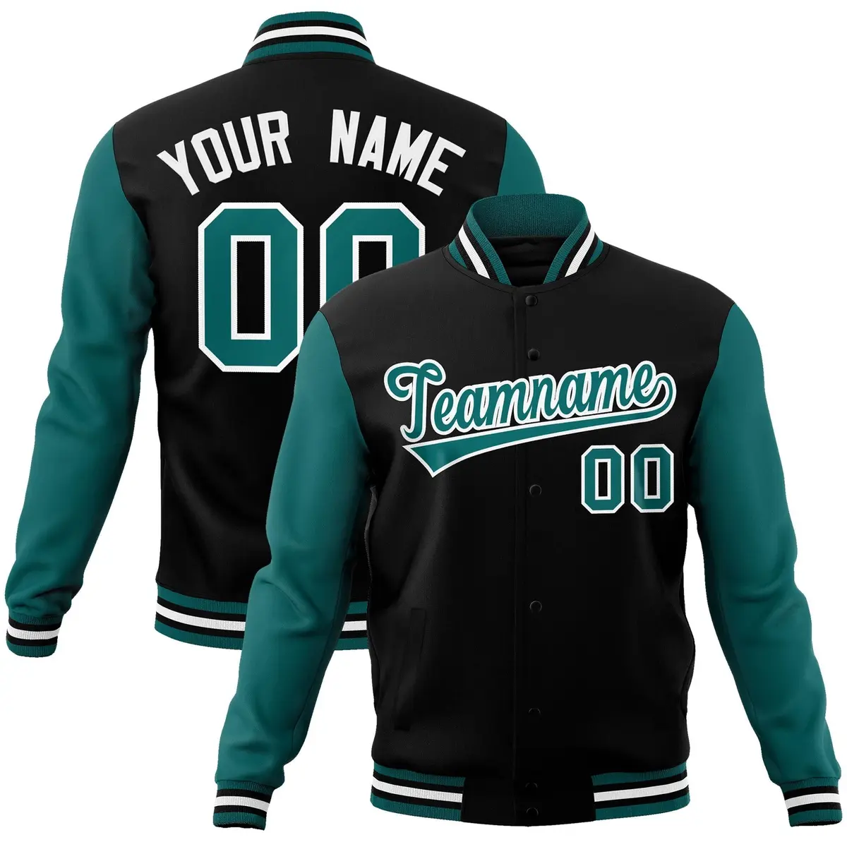 Black Aqua-White Raglan Full-Snap Varsity Letterman Jacket