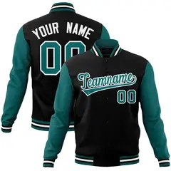 Black Aqua-White Raglan Full-Snap Varsity Letterman Jacket 1