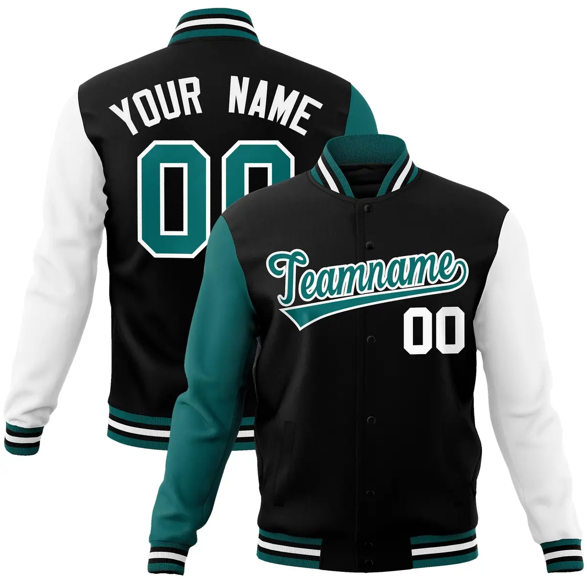 Black Aqua-White Raglan Full-Snap Varsity Letterman Jacket
