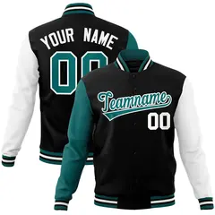 Black Aqua-White Raglan Full-Snap Varsity Letterman Jacket 1