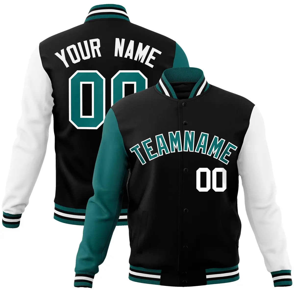 Black Aqua-White Raglan Full-Snap Varsity Letterman Jacket